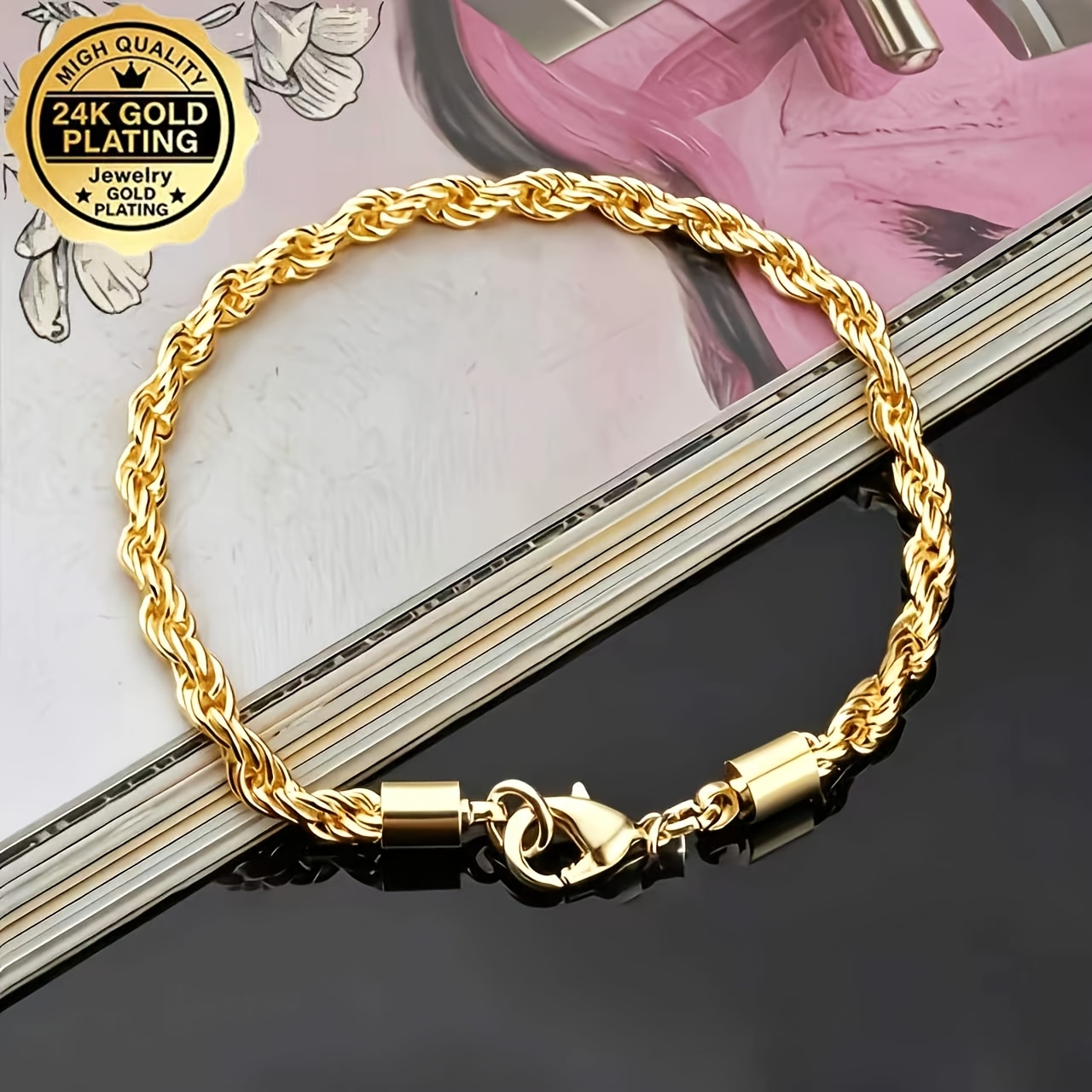 24K Gold-Plated Twisted Rope Braid Bracelet, Unisex